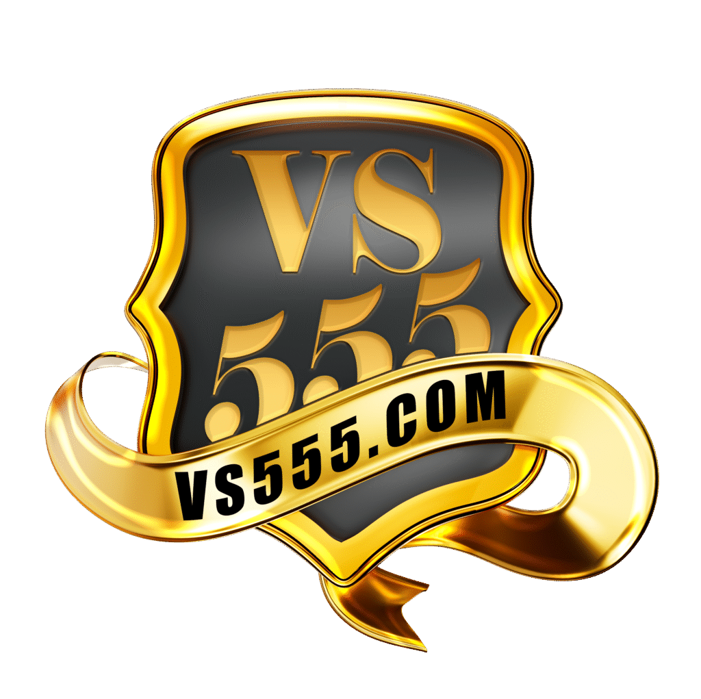 Golden crown-topped shield with "VS555" in bold letters. Surrounded by casino elements: dice, playing cards, coins, and slot machine reels, conveying a gambling theme.